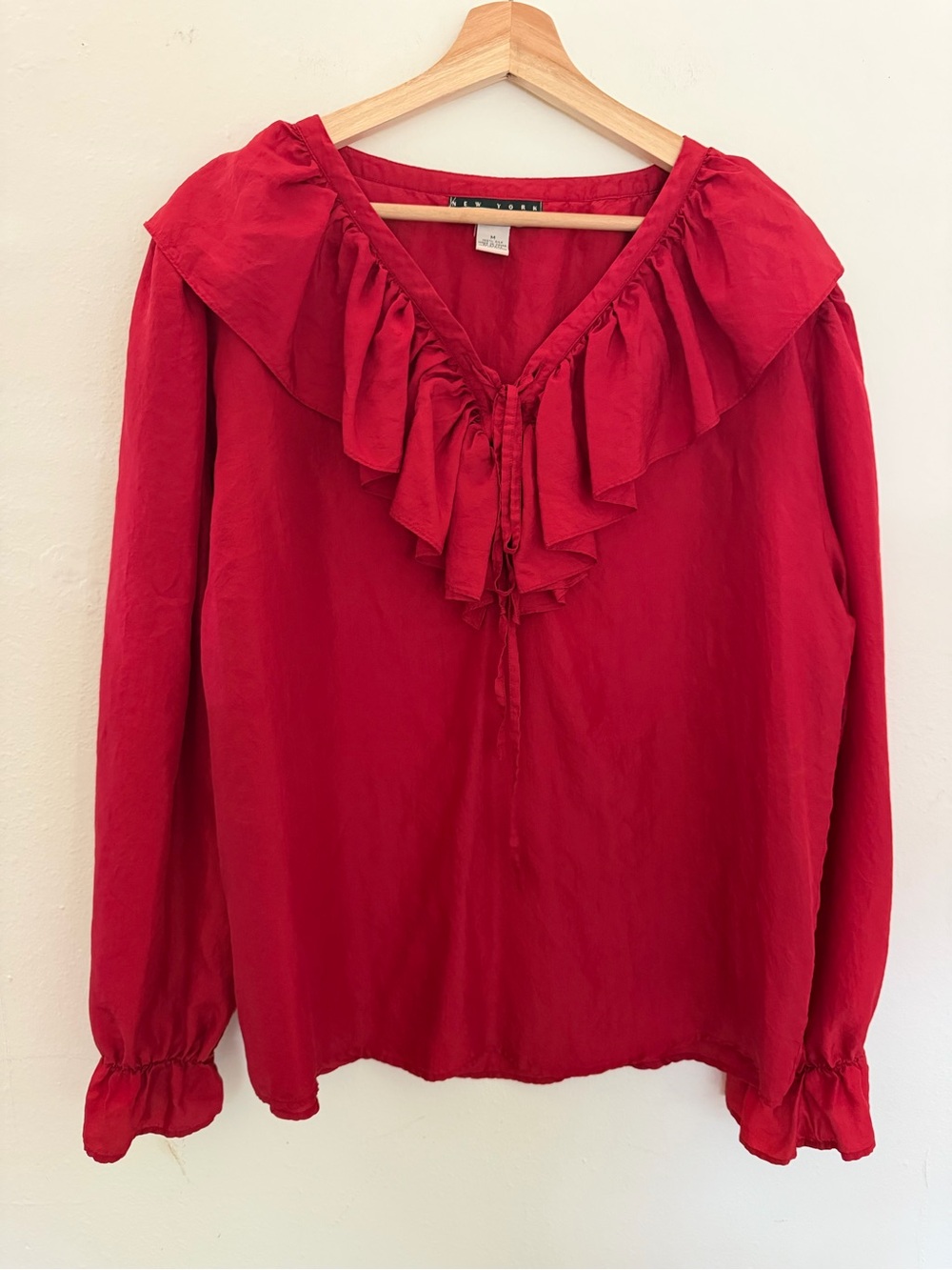 Ruffle V-Neck Long-Sleeve Blouse in Red 100% silk elegant